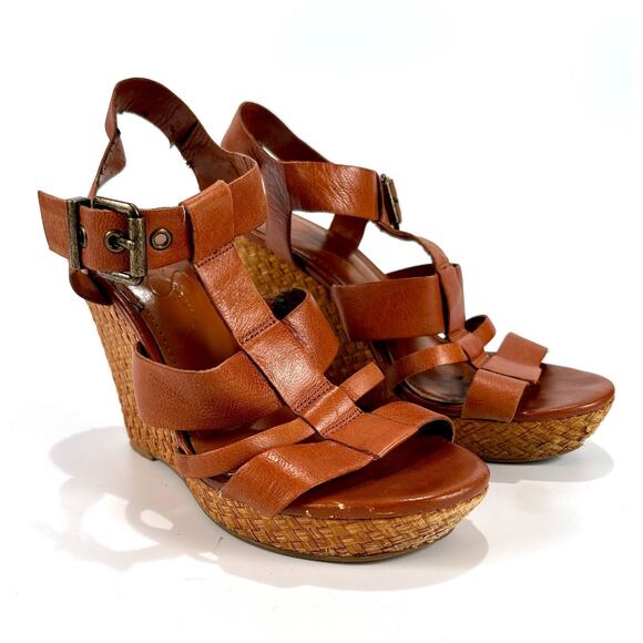 Jessica Simpson Heels Brown Leather Woven Wedge Sandals Size 8 - Picture 1 of 13